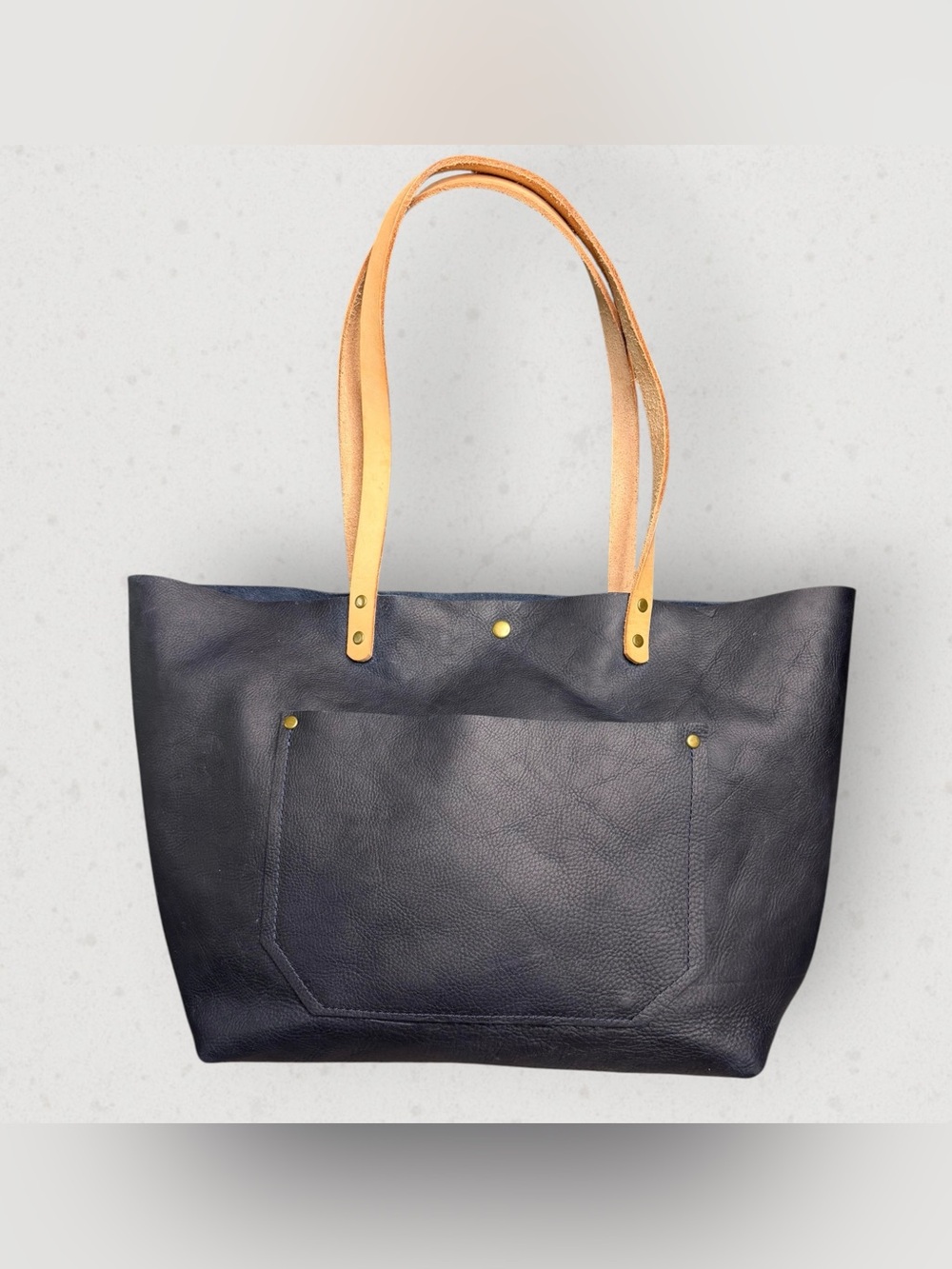 Extra Large Full Grain Tote in Navy with Natural Handles